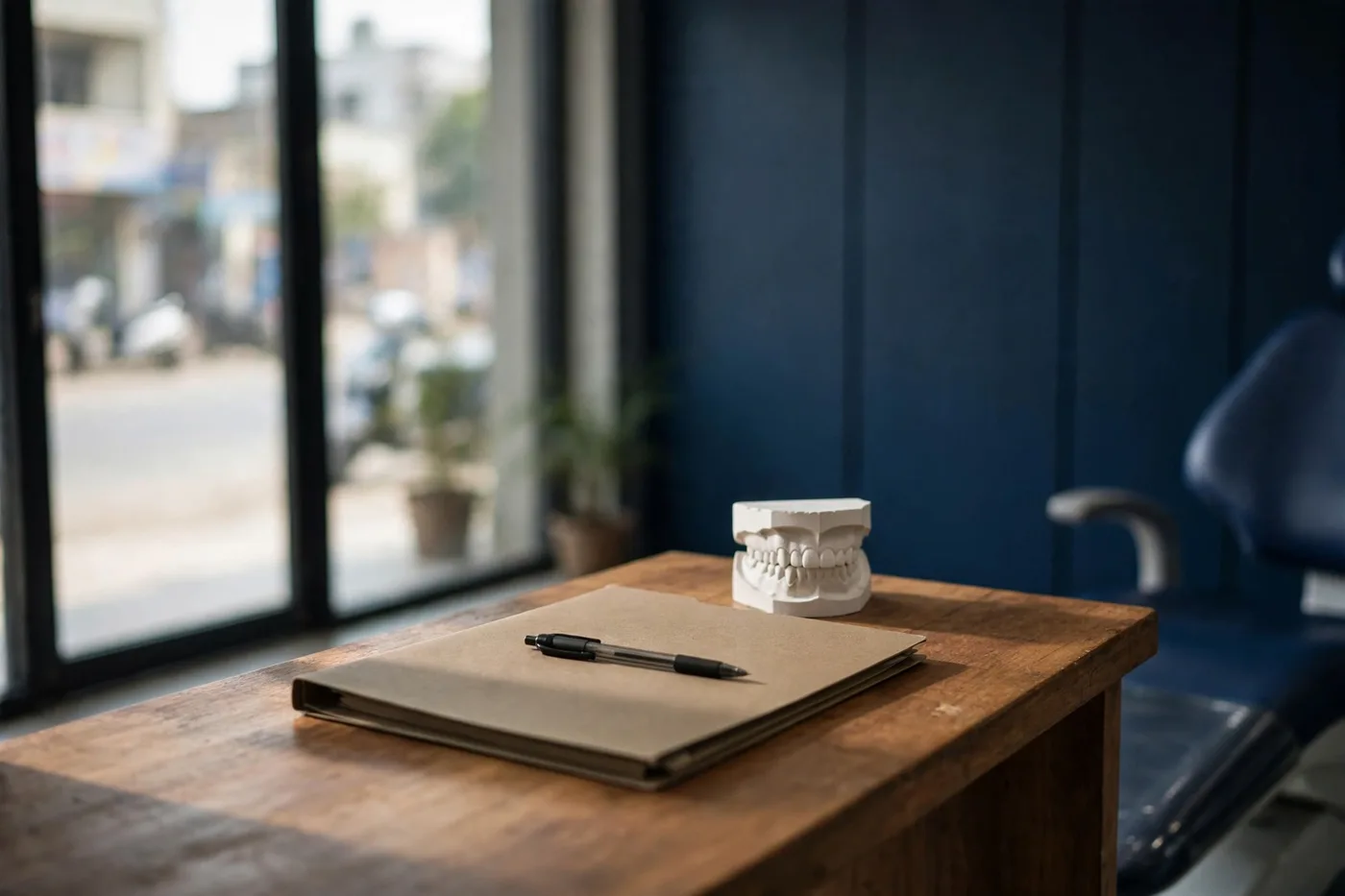 The consultation desk — a case file, pen and a plaster arch model, with the treatment chair beside it