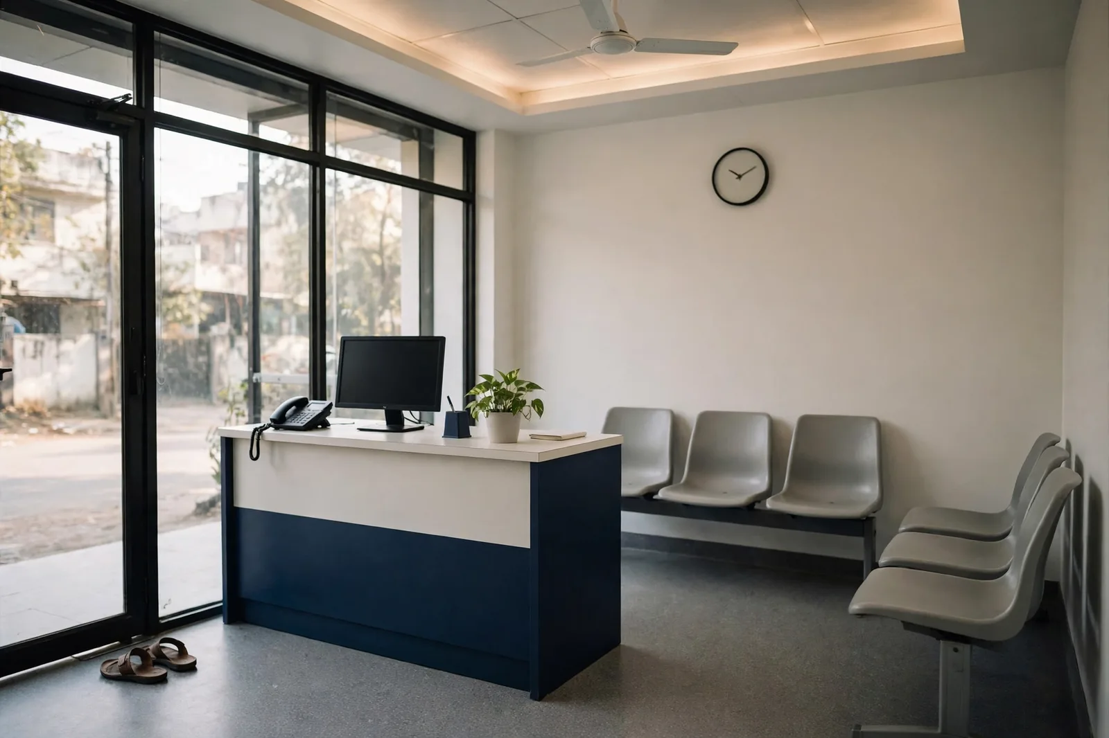 The clinic reception at Bhoomi Allium — counter, waiting chairs and the glass frontage
