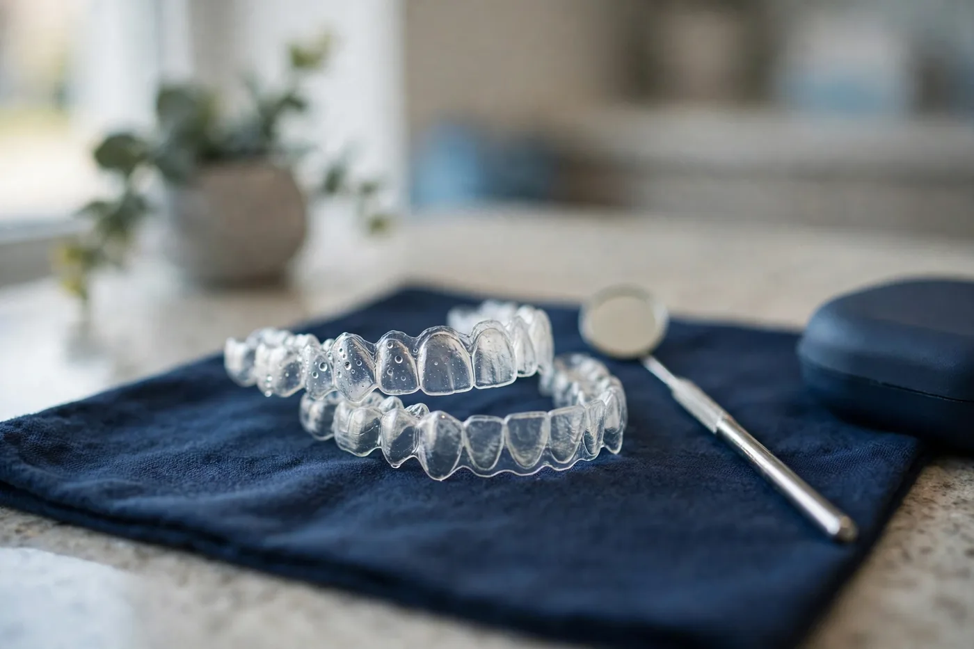 A pair of clear aligners resting on a navy cloth with a dental mirror beside them