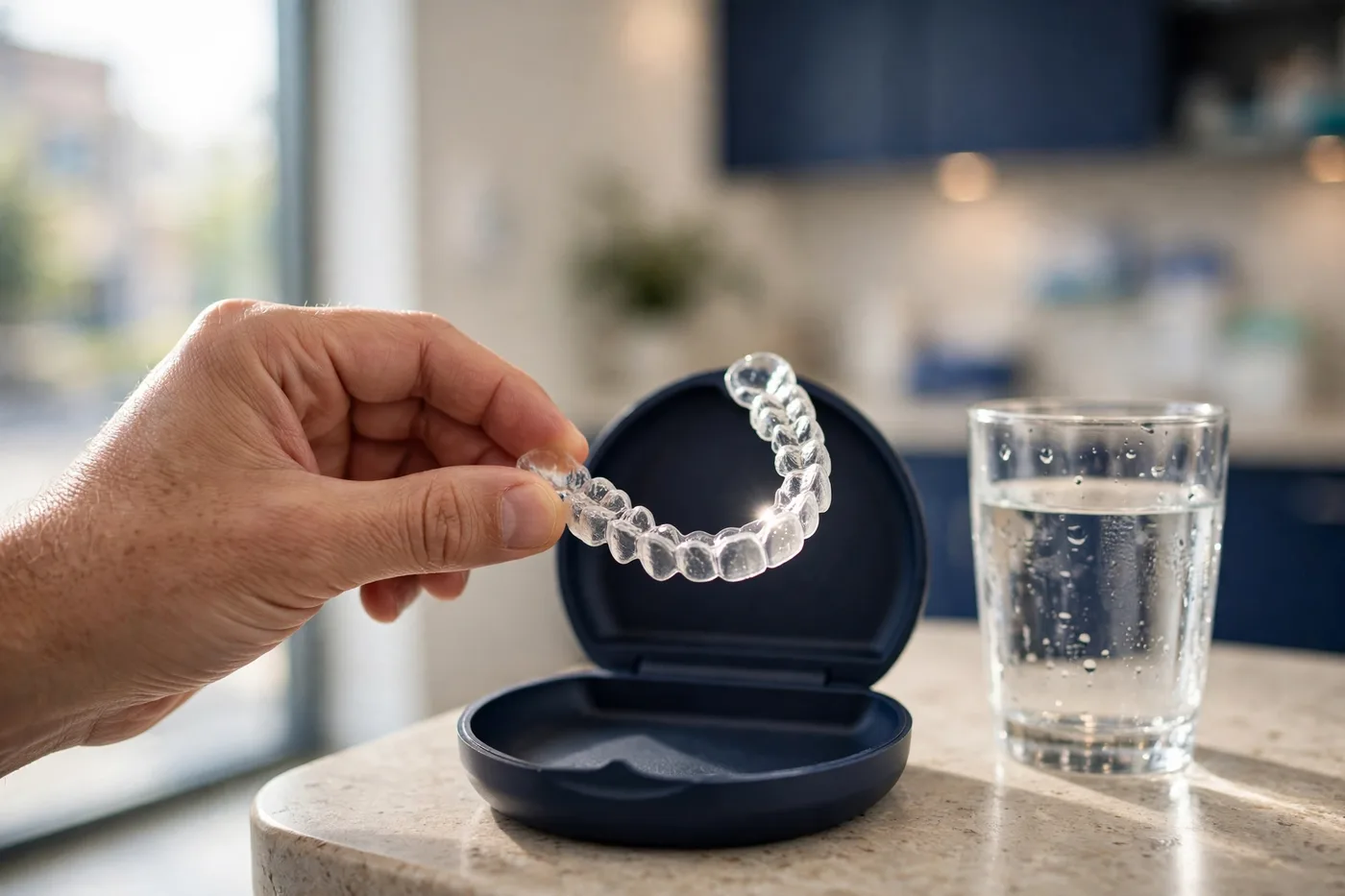 A hand holding a clear aligner above its navy case, beside a glass of water