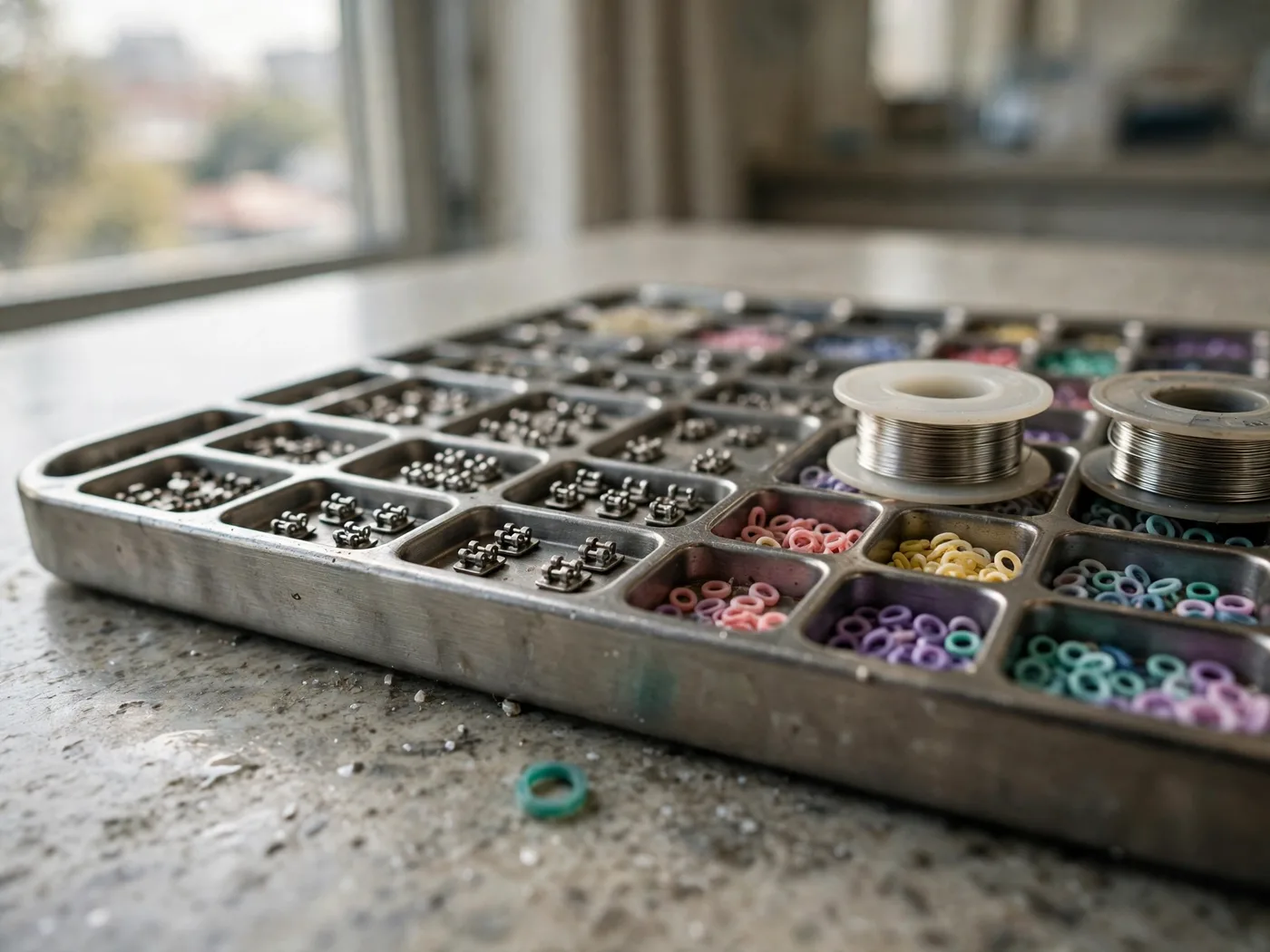 An orthodontic bracket tray with wire spools and coloured elastic ligatures, ready for a fitting