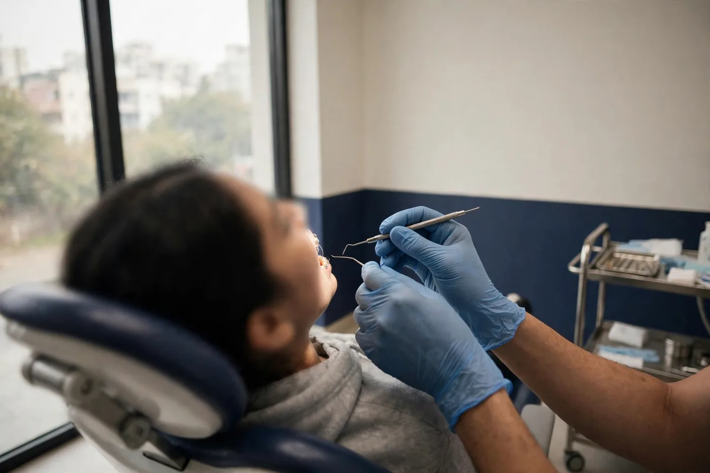 An orthodontist adjusting the wire on a patient's braces during a review visit