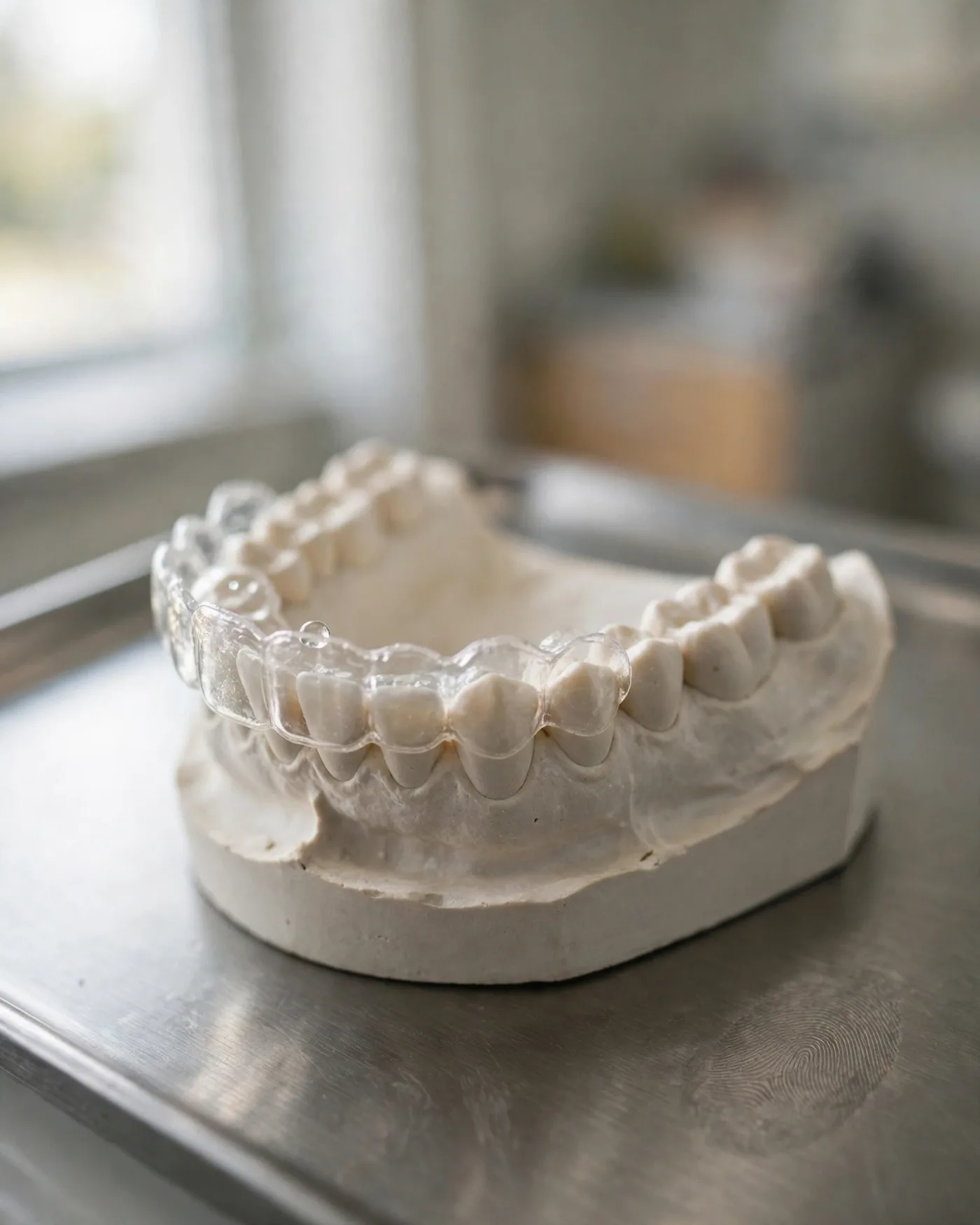 A clear aligner resting on a plaster model of a dental arch