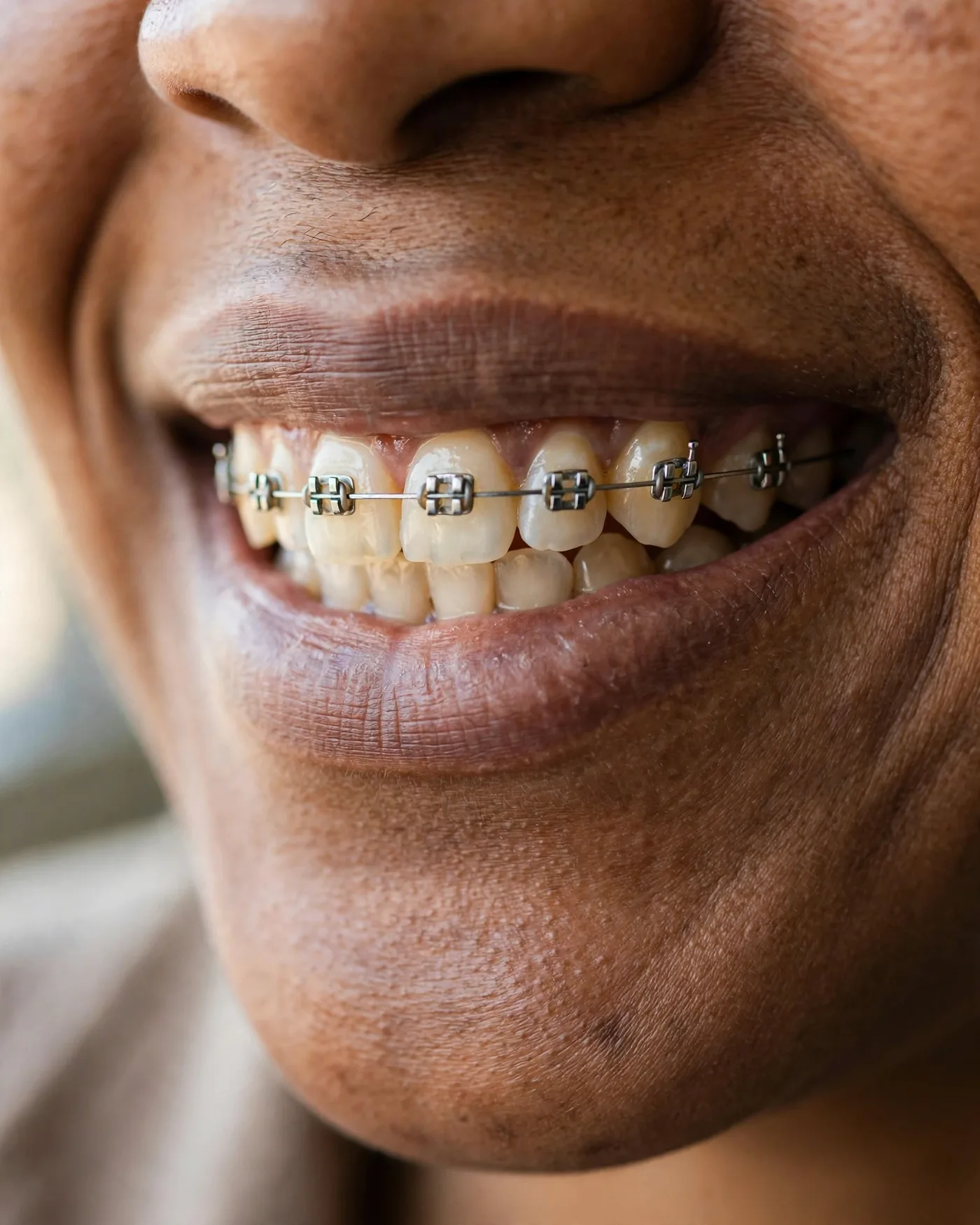 A mid-treatment smile showing fixed metal braces on natural teeth
