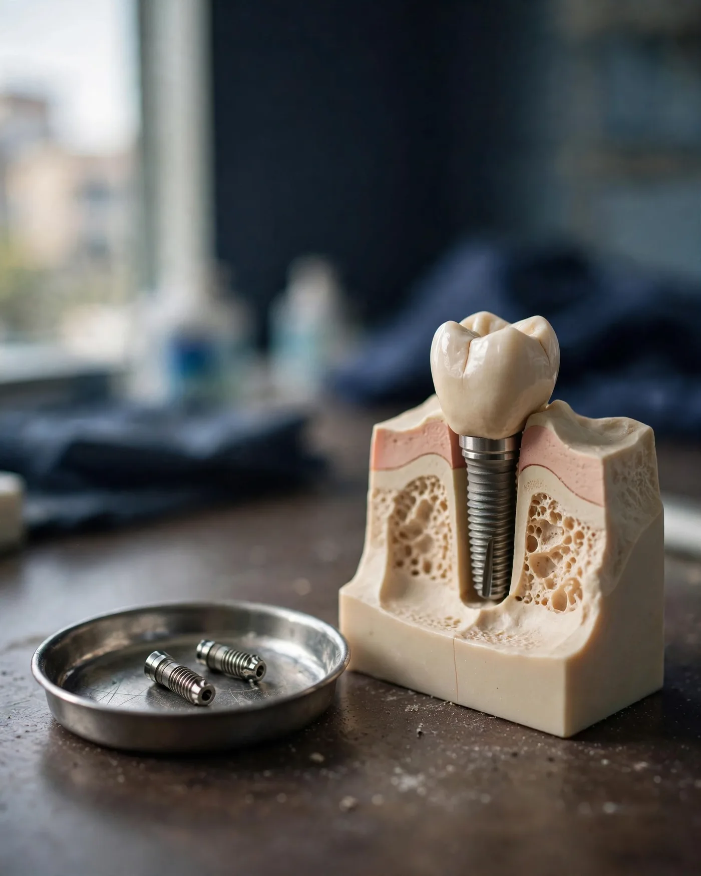 A cutaway model of a jaw showing a dental implant and crown