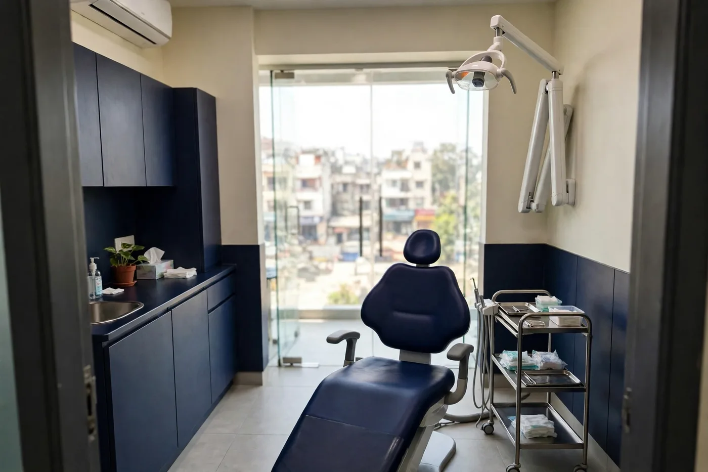 The treatment room — The chair, from the doorway — trolley set, light folded up.