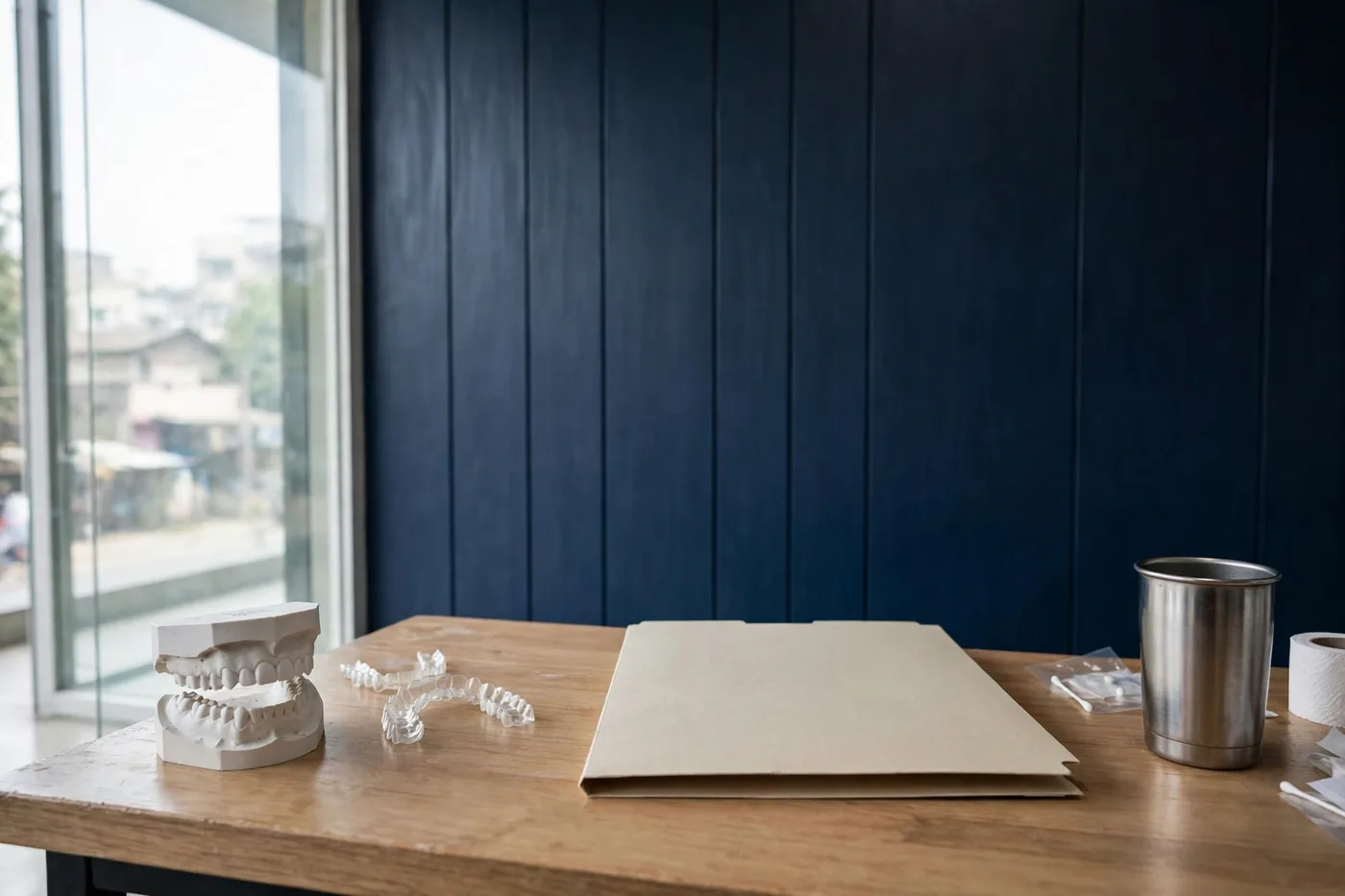 The consultation desk — A study model, an aligner and the case file — where plans are explained.