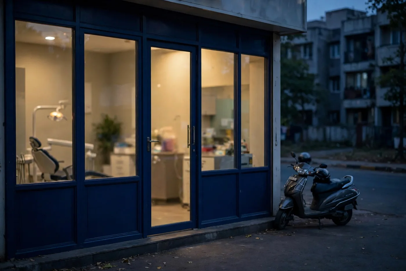 The clinic at dusk — Last appointments of the day, lights on till 9 PM.