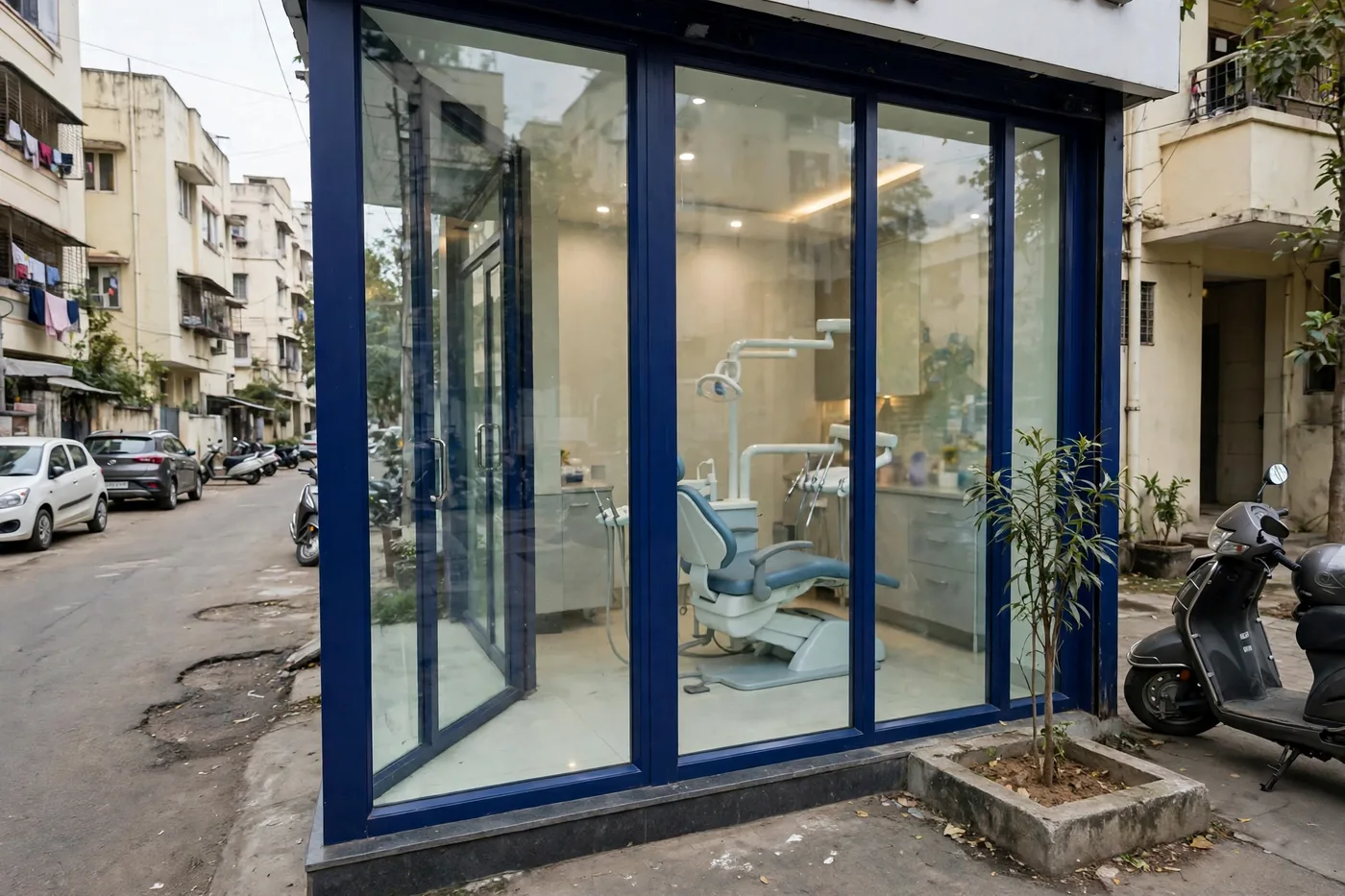 The clinic frontage — Glass frontage on the street, chair visible inside — Kokane Chowk.