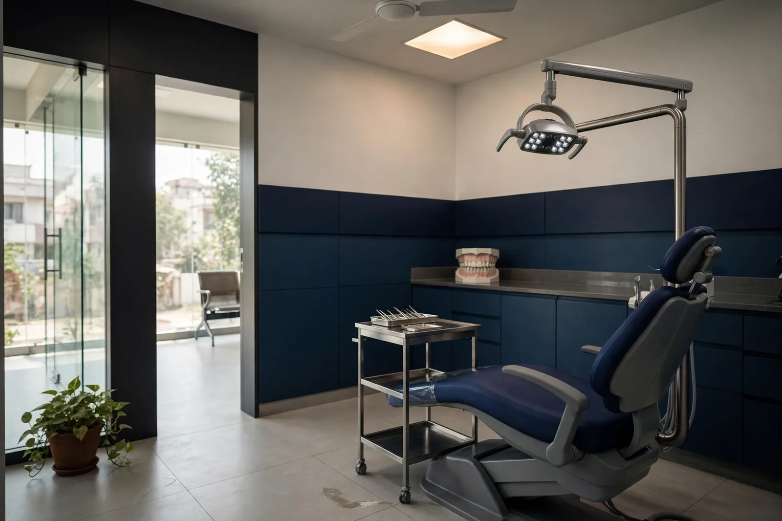 Inside the Vimalai treatment room in Pimple Saudagar — dental chair beside the glass frontage
