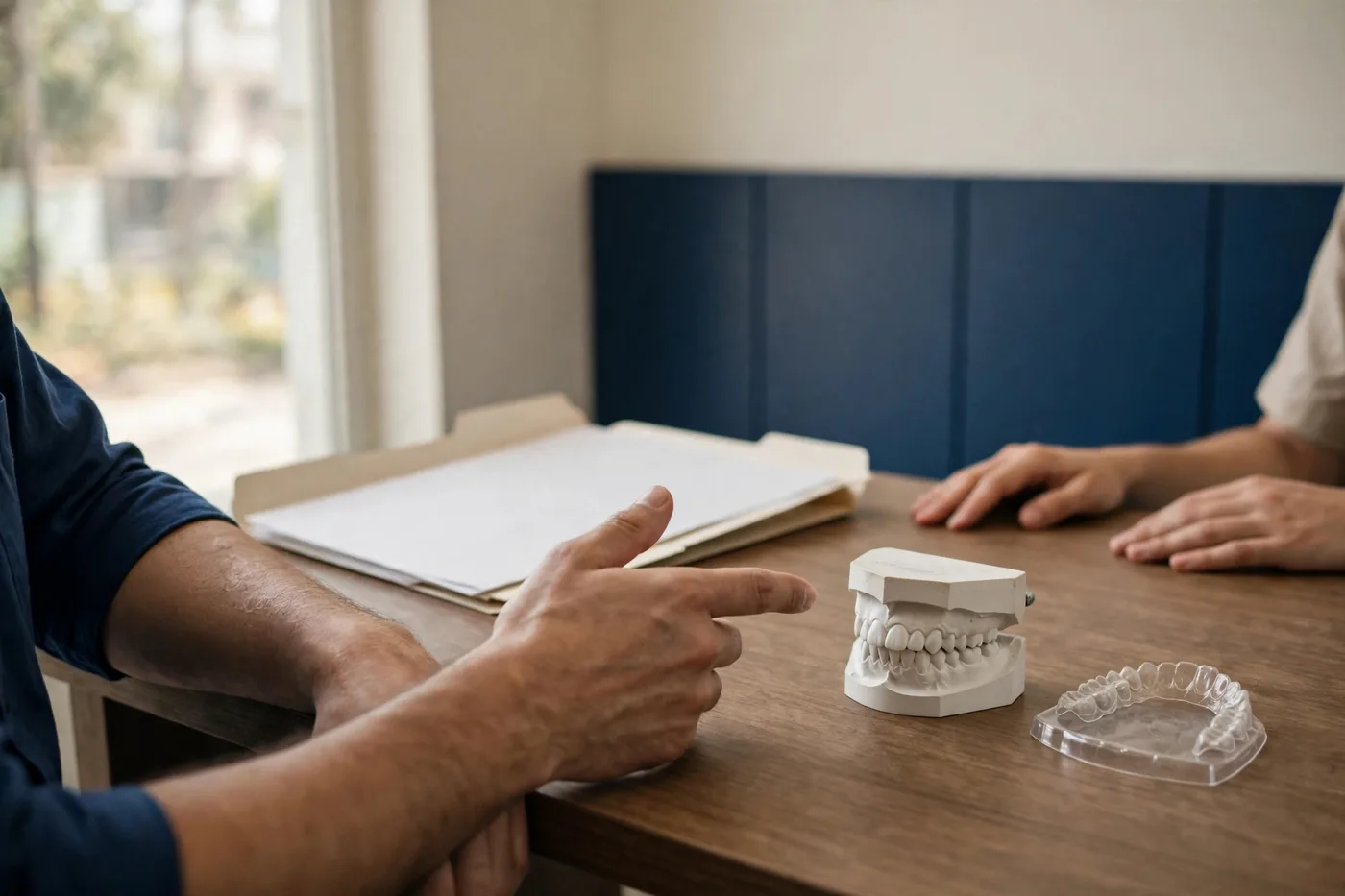 A consultation at the clinic desk — the doctor explains a dental arch model and a clear aligner