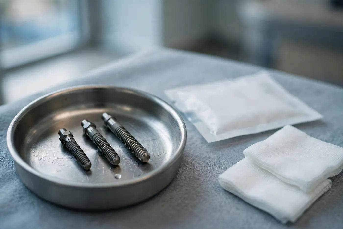Three titanium implant fixtures in a sterile steel dish beside sealed instruments and gauze