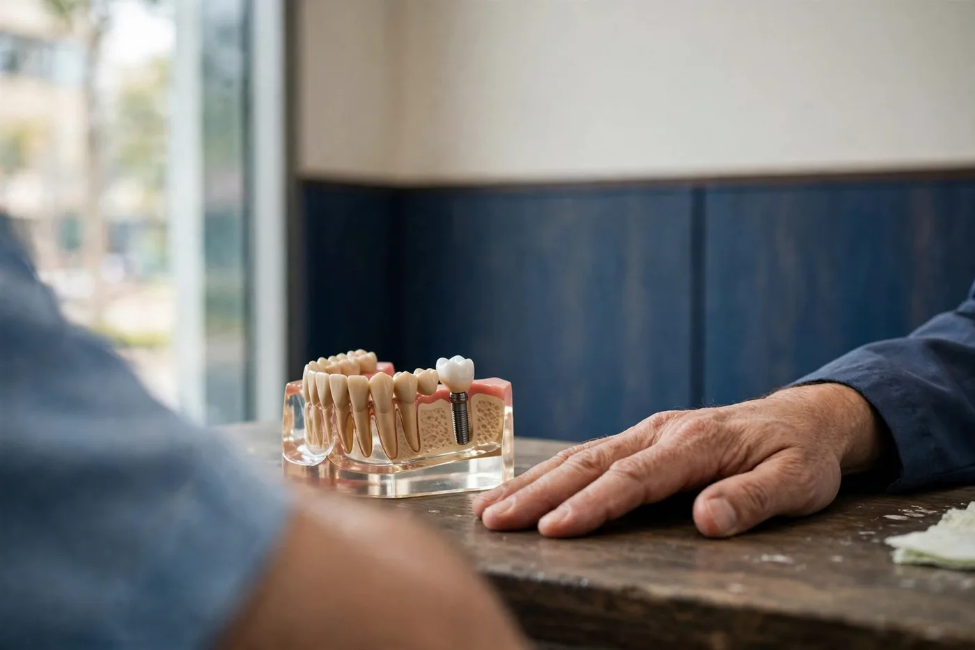The dentist's hand resting beside a cutaway jaw model showing an implant and crown, during a consultation